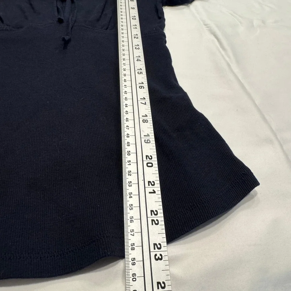 Free People Crochet Lace Neckline Ribbed Tie Front Top XS Navy Blue Excellent